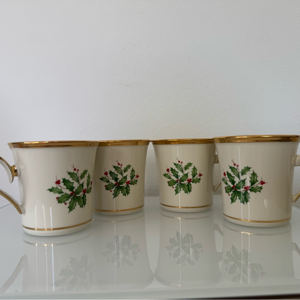 Lenox Holiday 4 Cups Set Dimension Collection Made in USA Fine Bone China Gold